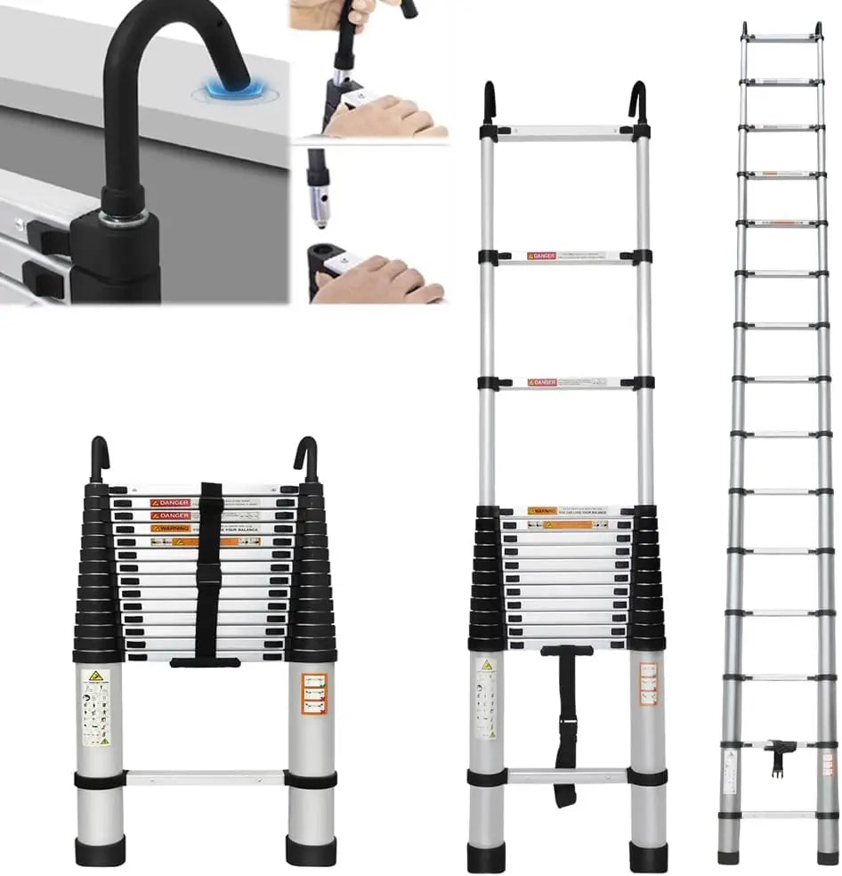 DayPlus 3.2-6.2M Telescopic Ladder with Roof Hook Kit – Portable, Heavy Duty Aluminium Multi-Purpose Folding Extendable Ladder