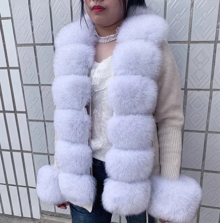 Women’s Spring & Autumn Sweater Cardigan – Real Fox Fur Collar Jacket, Natural Fur Outerwear