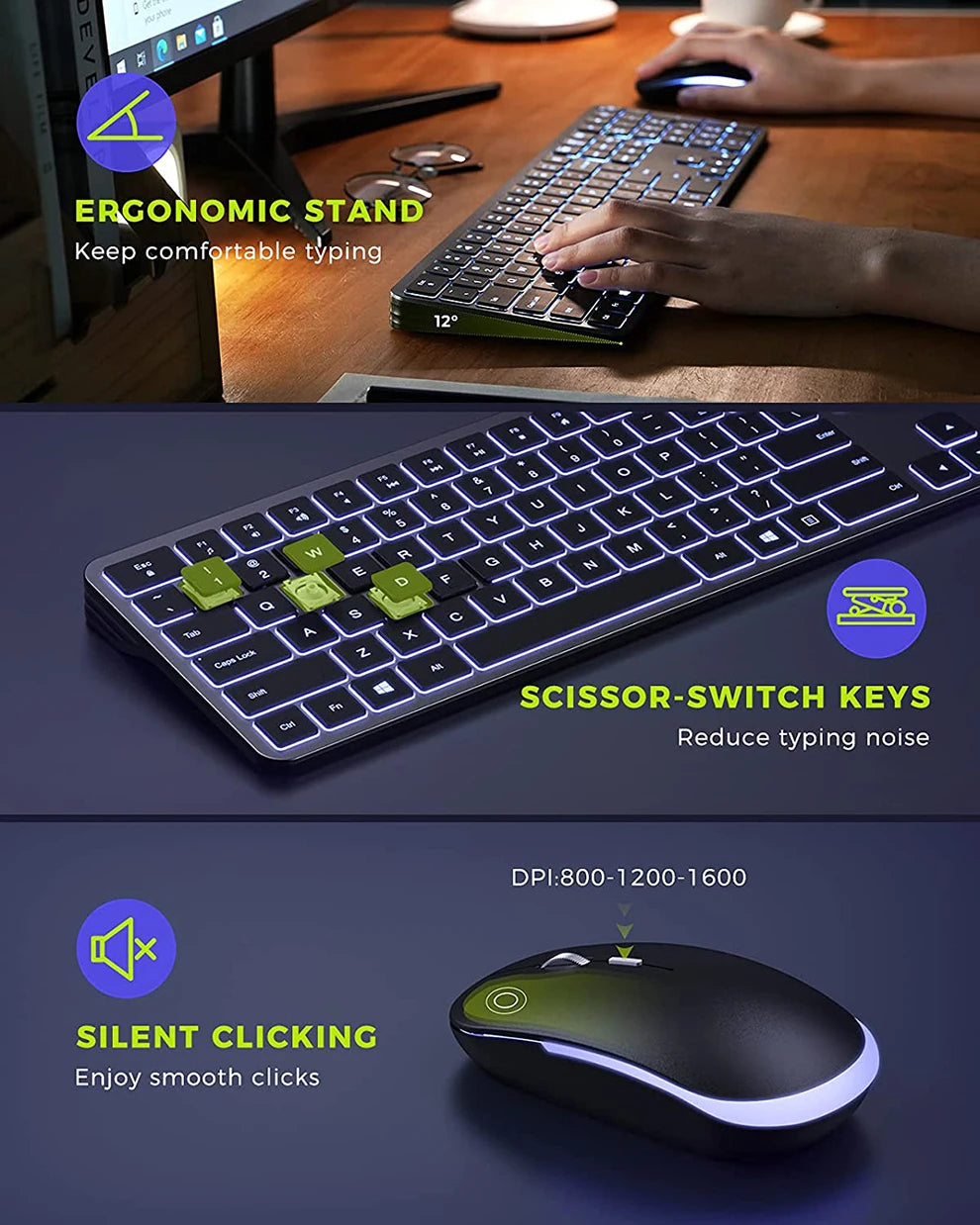 Wireless Backlit Keyboard and Mouse Combo – 2.4G USB Rechargeable Silent Full-Size Slim Set