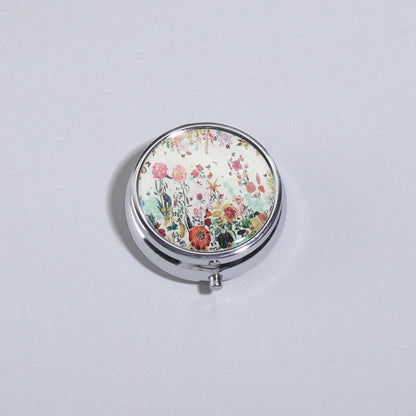 3-Compartment Stainless Steel Pill Box - Round Floral Medicine Organizer, Portable Capsule Case with Dividers