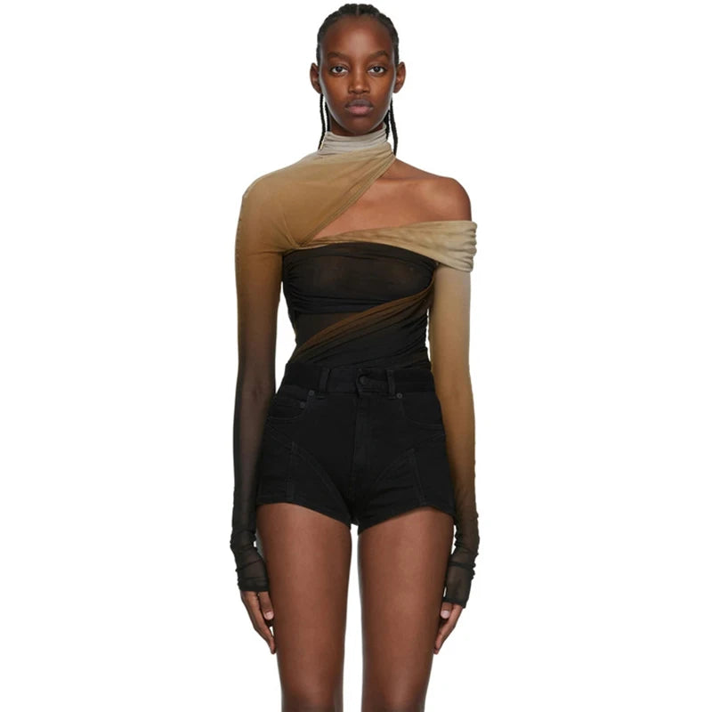 Sexy Off-Shoulder Mesh Jumpsuit Top – Slant Breasted, Hollowed-Out, Gradient See-Through Base Shirt