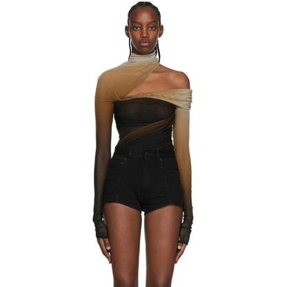 Sexy Off-Shoulder Mesh Jumpsuit Top – Slant Breasted, Hollowed-Out, Gradient See-Through Base Shirt