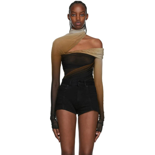 Sexy Off-Shoulder Mesh Jumpsuit Top – Slant Breasted, Hollowed-Out, Gradient See-Through Base Shirt