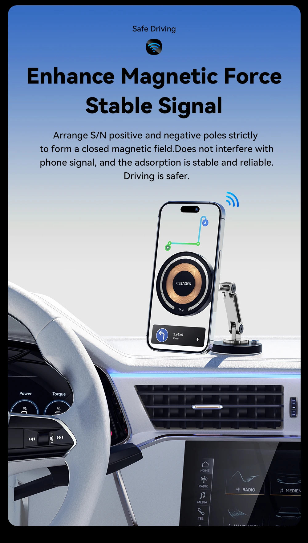 Essager Magnetic Wireless Car Charger – 15W Fast Charging Phone Holder Mount for MagSafe iPhone 15/14/13 Pro Max