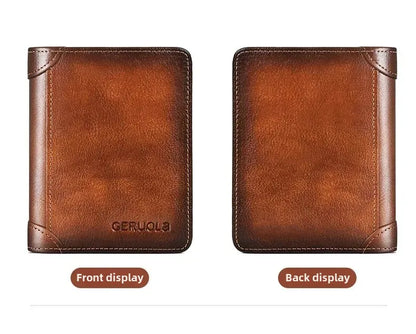 Genuine Leather Men’s Wallet – RFID Blocking Trifold, Vintage Thin ID & Credit Card Holder, Multi-Function Purse