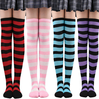 Color Striped Japanese Over-Knee Socks – Fashionable Slim Fit Black & White Stockings for Women