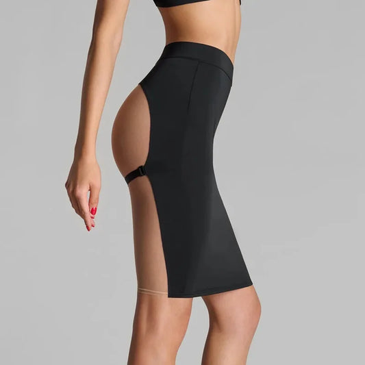 Women’s Mesh Splice Midi Skirt – Slim-Fit Solid Color Stretch Half Skirt