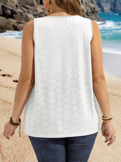 Women’s Plus Size Embroidered Tank Top - Square Neck Sleeveless Eyelet Camisole with Loose Fit Curved Hem Design
