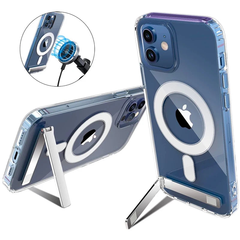 Clear Magnetic Phone Case with Kickstand for iPhone 16, 15, 14, 13, 12, 11 Mini – MagSafe Compatible, Wireless Charging Back Cover
