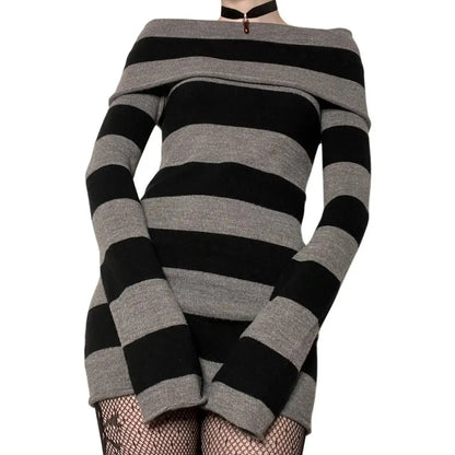 Women’s Striped Mini Bodycon Dress — Boat Neck Off-Shoulder Long Sleeve Hip-Wrapped Party Dress for Spring & Autumn