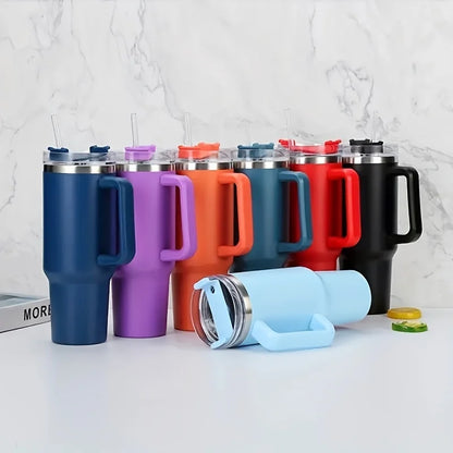 40oz Stainless Steel Insulated Water Bottle with Handle – Cold-keeping Tumbler with Lid, Straw, and Mug for Summer Outdoor Activities