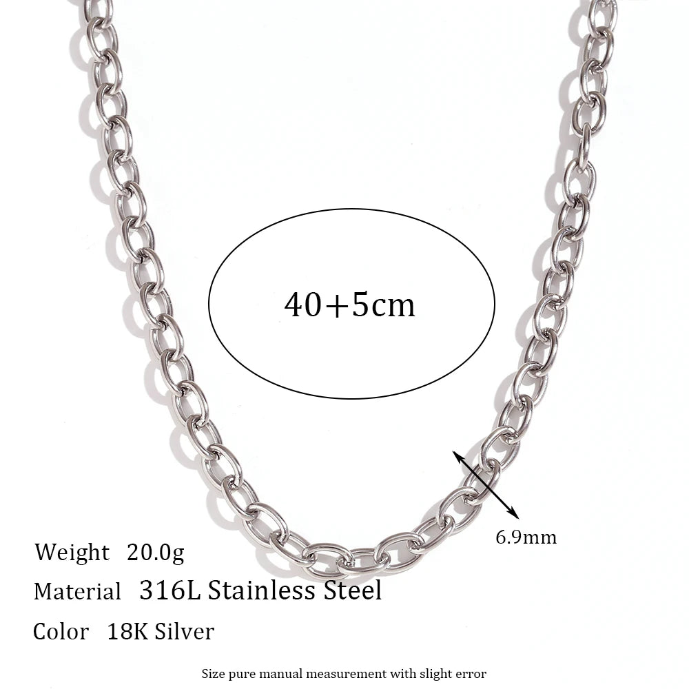 18K Gold Plated Stainless Steel Oval Link Chain Jewelry Set – 7mm Chunky Silver Color Choker Necklace, Bracelet & Anklet Accessories