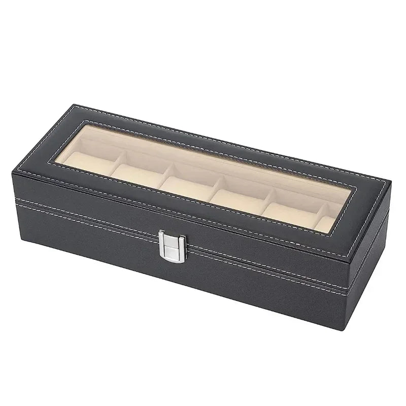 PU Leather Watch Display Box — Glass Top Storage Organizer with Slots for Men’s Watches, Perfect Gift