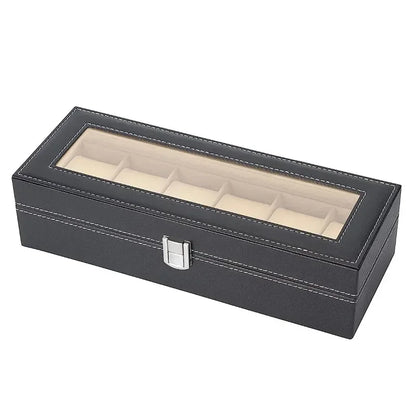 PU Leather Watch Display Box — Glass Top Storage Organizer with Slots for Men’s Watches, Perfect Gift