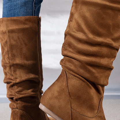 Pleated PU Women’s Fashion Boots – Casual Side-Zip Round Toe Flat High Solid Color Boots