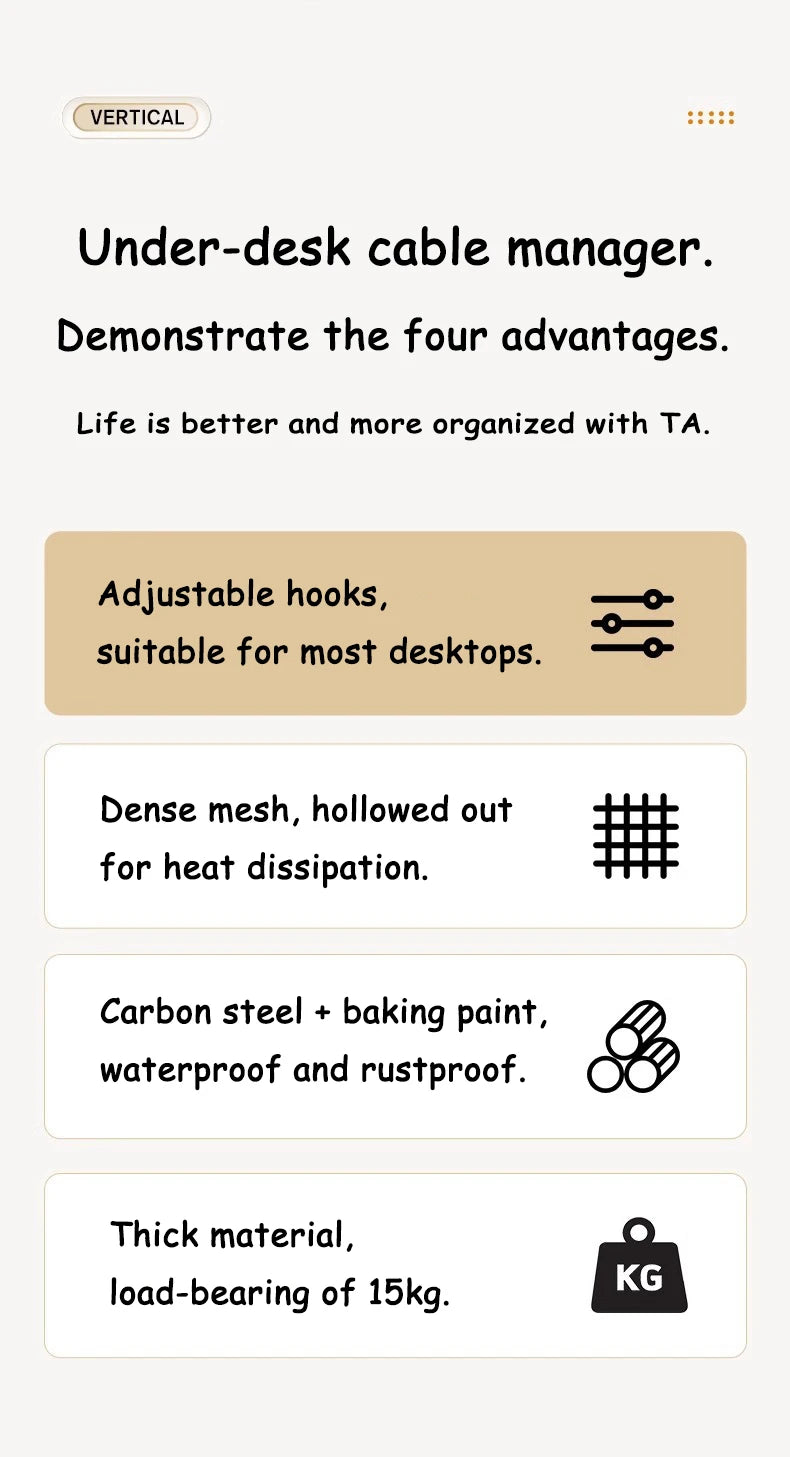 Telescopic Under-Desk Storage Rack – Metal Cable Management Tray for Home and Office, No-Punch Wire Organizer