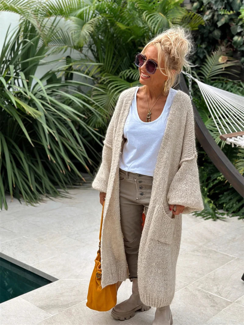 2024 Women’s Knitted Striped Cardigan – Elegant Loose Long Outerwear, Y2K Sweater Coat, Soft Cover-Up for Fashion Streetwear