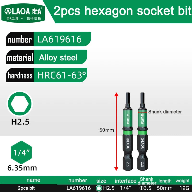 LAOA 2-Piece Alloy Steel Magnetic Impact Driver Bits - Impact-Resistant Cross & Hex Socket Bits