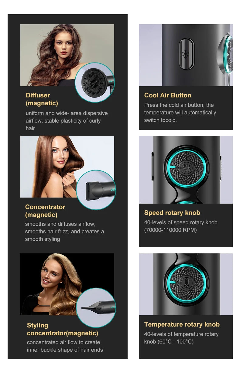 VGR Professional Hair Dryer V-401 — Hot & Cold Adjustment with Brushless Motor 110000 RPM