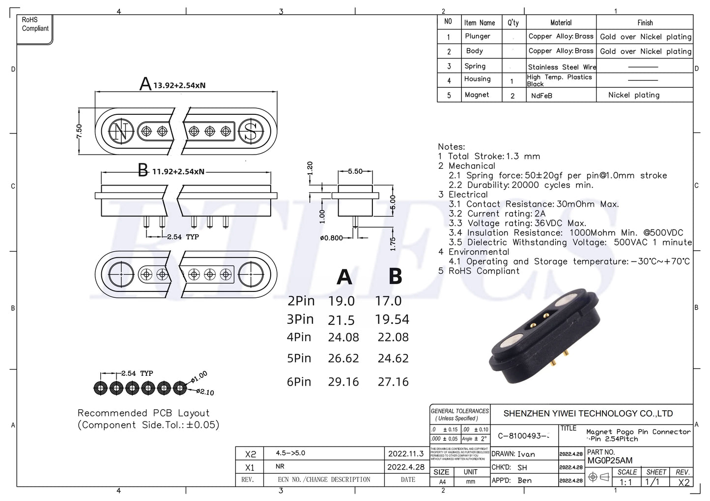 2A Waterproof Magnetic Pogo Pin Connector – 2.54mm Spring-Loaded DC Power Socket, 2-6 Positions