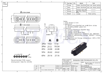 2A Waterproof Magnetic Pogo Pin Connector – 2.54mm Spring-Loaded DC Power Socket, 2-6 Positions