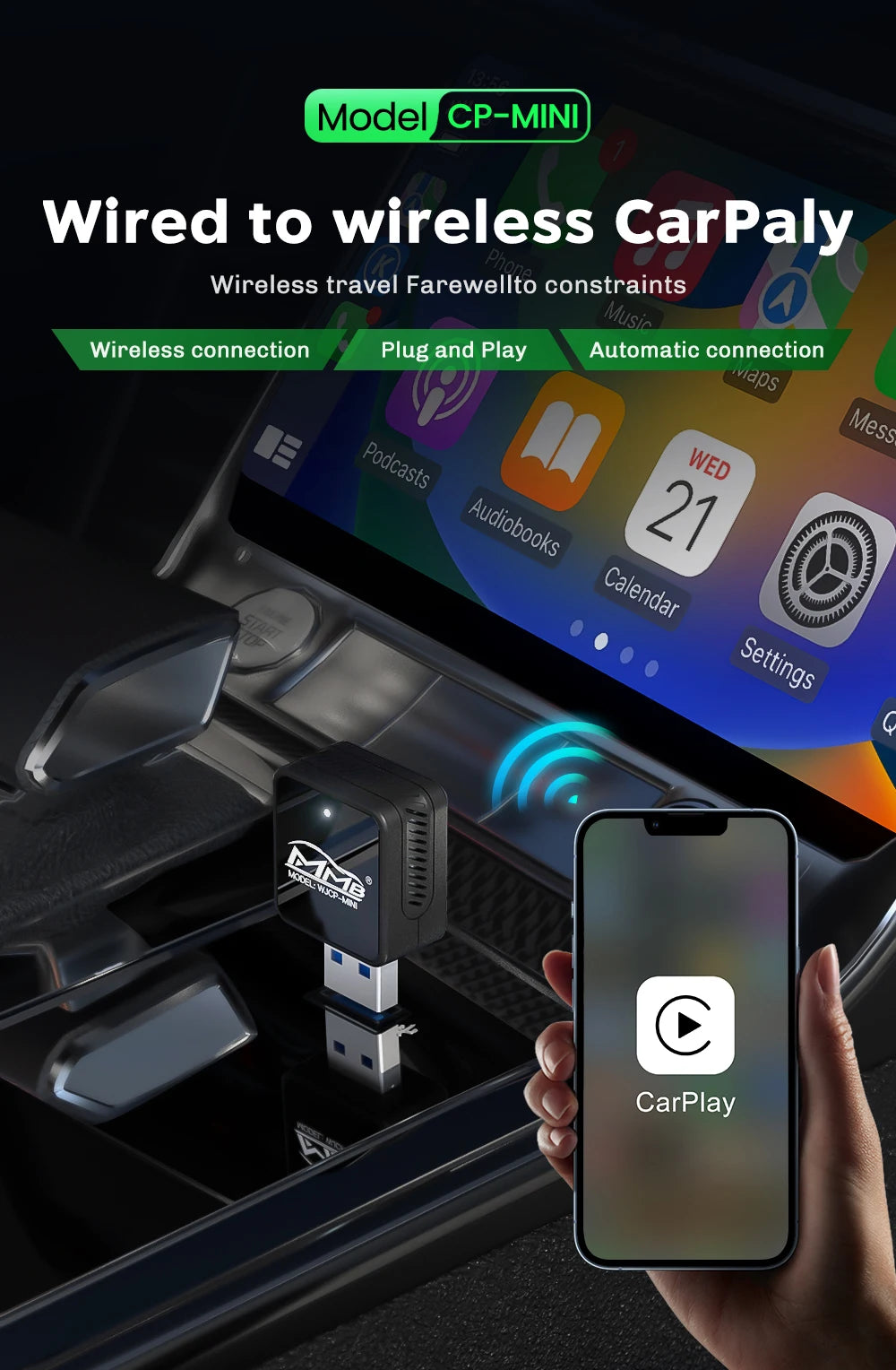 MMB Mini Wired to Wireless CarPlay Adapter – USB Plug & Play, Bluetooth 5.2 for Honda, Toyota Corolla, Peugeot 3008