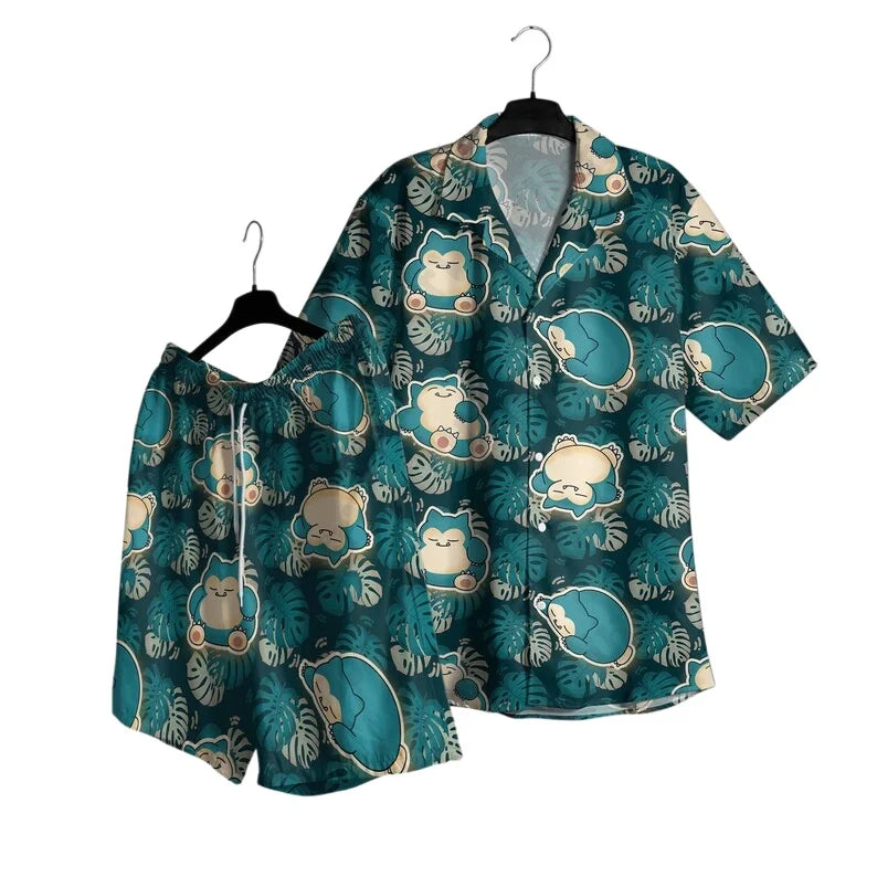 Snorlax Hawaiian Shirt & Shorts Set - Loose Casual Anime Summer Pajama Outfit