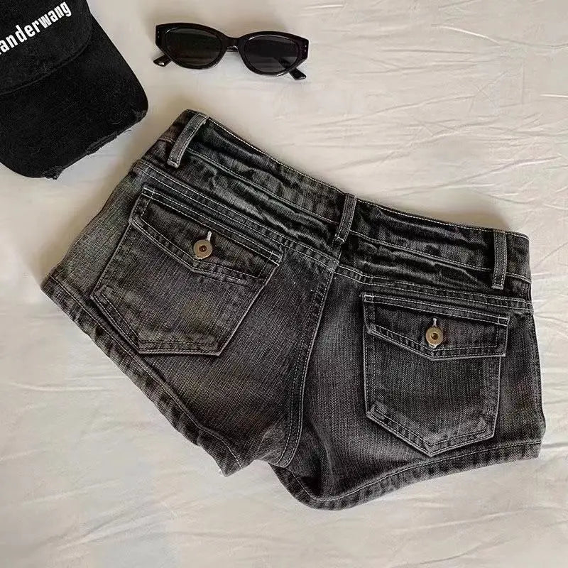 Vintage Women’s Denim Shorts – Low Waist Elastic Skinny Black & Grey Washed Summer Hot Jeans