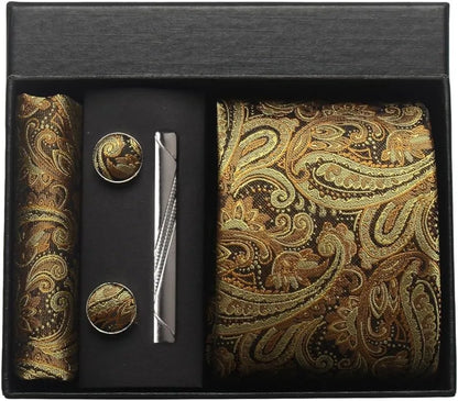 100% Silk Men’s Necktie Set with Paisley Floral Design, Business Tie with Pocket Square, Tie Clip & Cufflinks Gift Box Set for Men