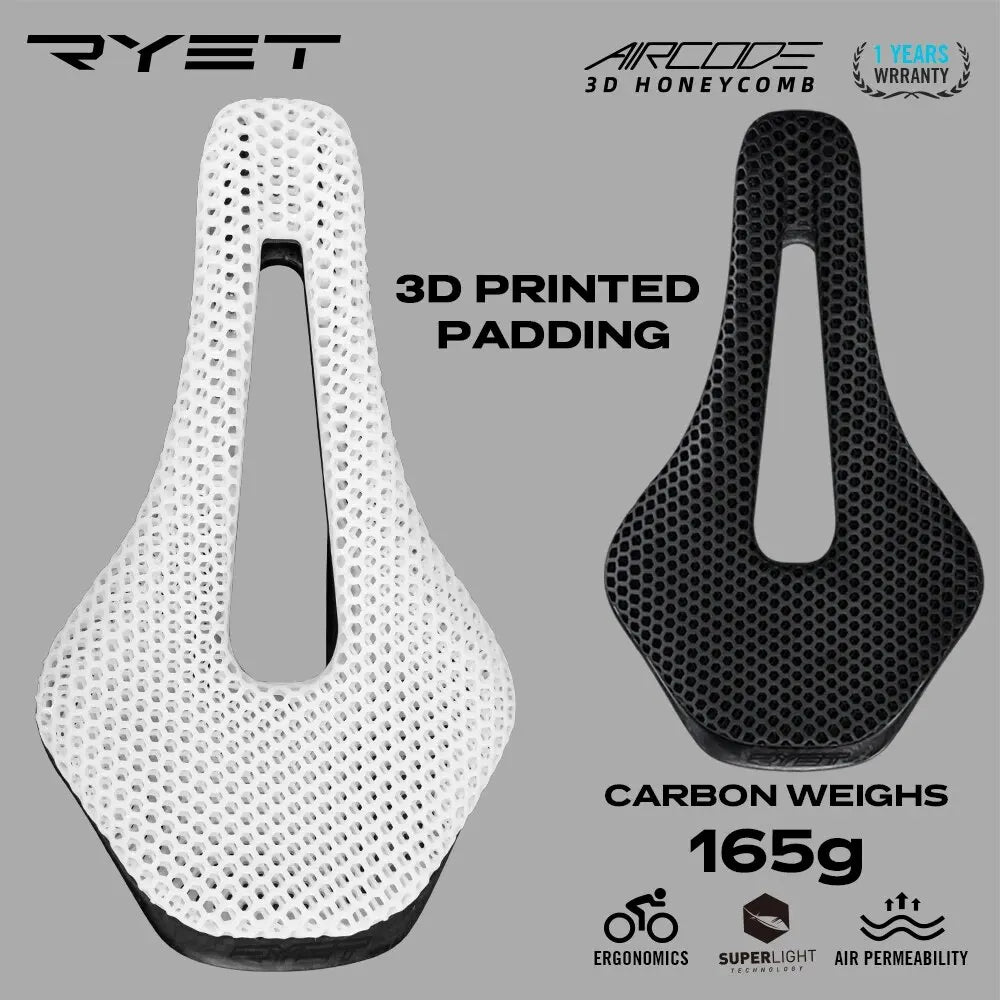 RYET 3D Printed Bike Saddle – Ultralight Carbon Fiber Hollow Seat for MTB, Gravel & Road Cycling Comfort & Breathability