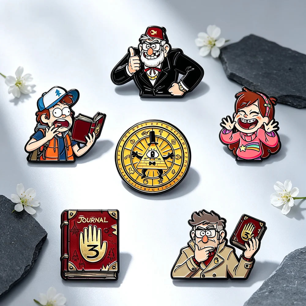 6-Piece Gravity Falls Enamel Pin Set - Cartoon Character and Bill Cipher Brooches for Backpacks, Clothing, Journals, and Collectors’ Gifts