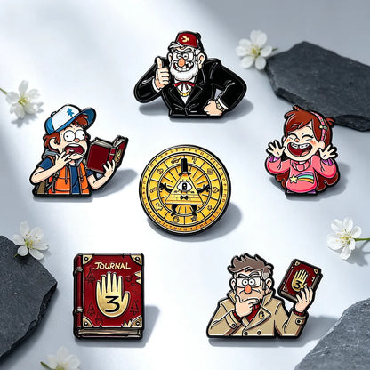6-Piece Gravity Falls Enamel Pin Set - Cartoon Character and Bill Cipher Brooches for Backpacks, Clothing, Journals, and Collectors’ Gifts