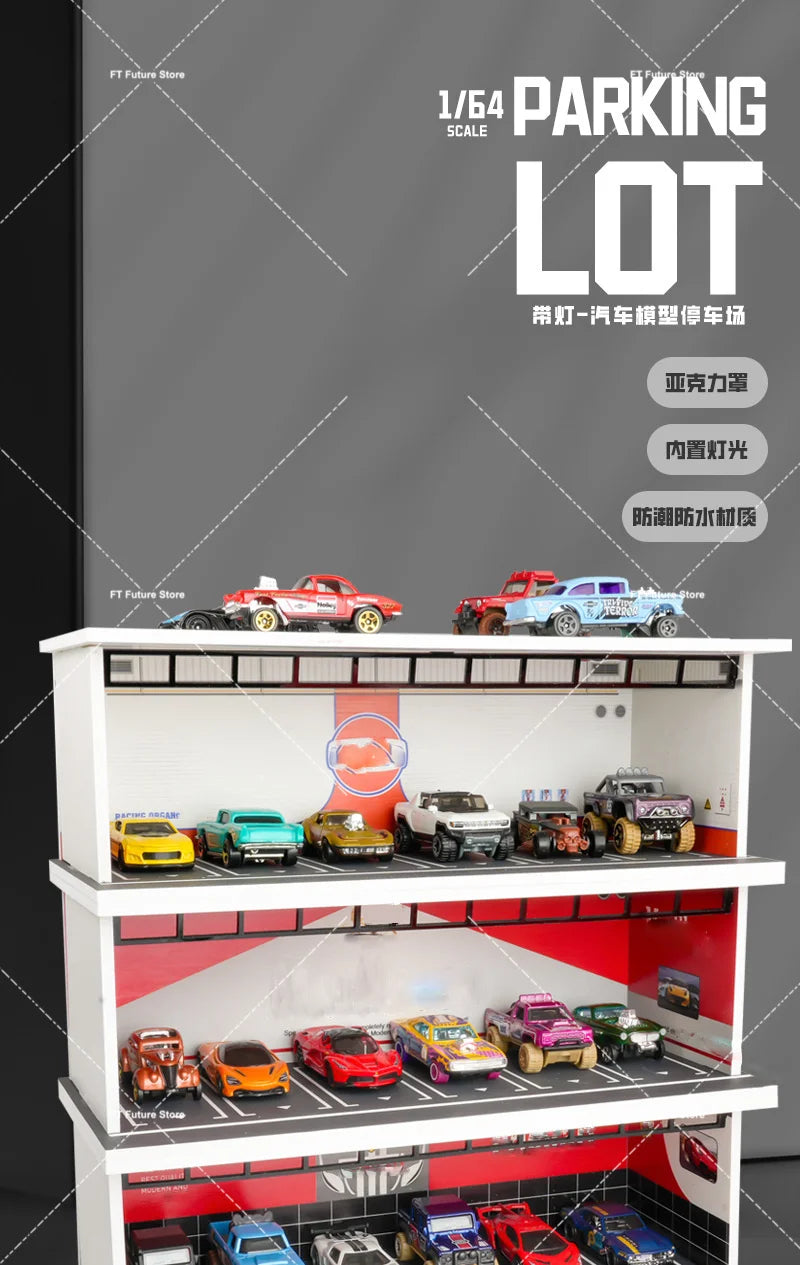1:64 Scale Garage Scene Model with Lights – Assembled Parking Lot Diorama for Miniature Car Display