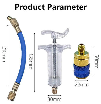 Car A/C Oil & Dye Injector 30ml - R-134a Refrigerant Filling Tool with 1/4 SAE Quick Coupler Adapter
