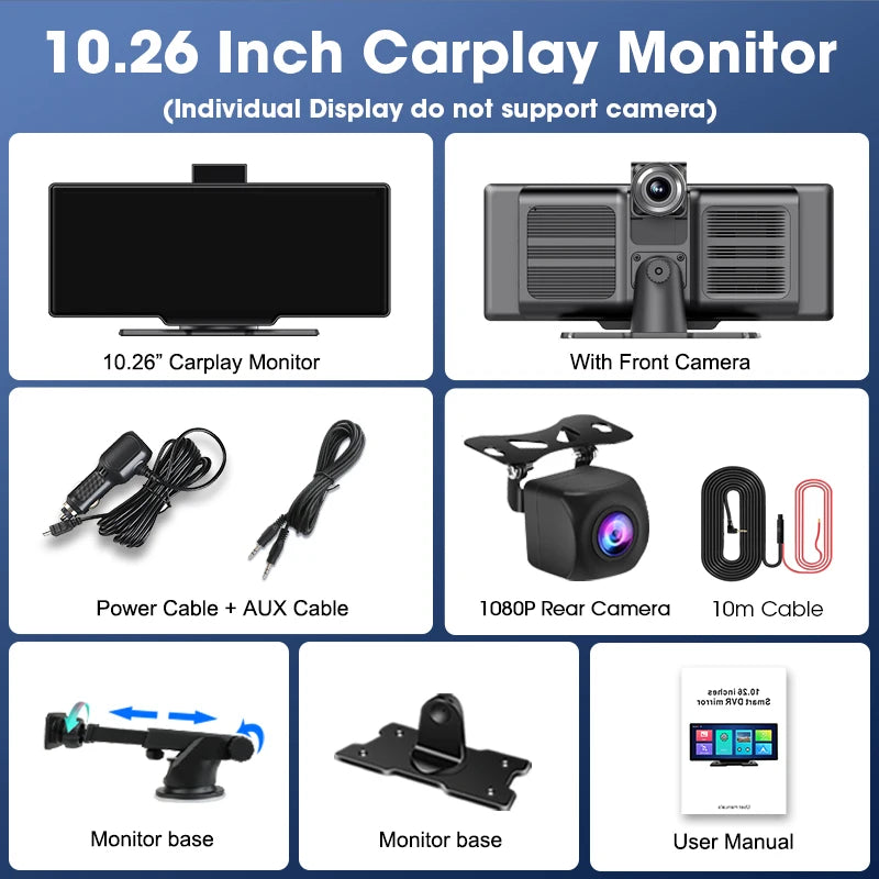 10.26'' 4K Dash Cam Car Mirror Video Player - Wireless CarPlay, Android Auto, GPS, and Rearview Camera Monitor