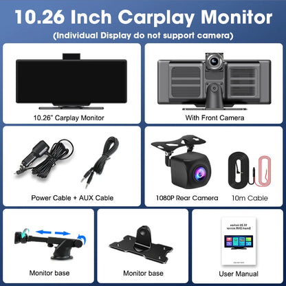 10.26'' 4K Dash Cam Car Mirror Video Player - Wireless CarPlay, Android Auto, GPS, and Rearview Camera Monitor