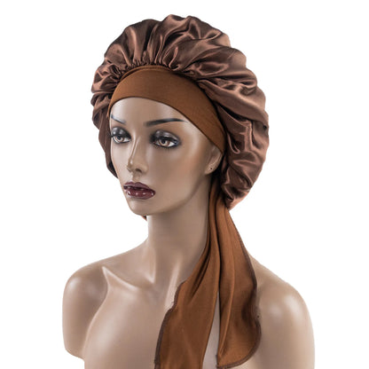 Satin Nightcap for Women - Wide Stretch, Extra-Large Long Tail, Shower Cap with Ribbon, Round Hat Hair Bonnet