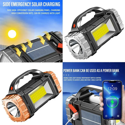 Powerful LED Flashlight - USB & Solar Rechargeable COB Camping Torch with Portable Searchlight Power Bank