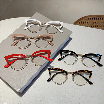New Vintage Cat Eye Glasses Frame, Stylish Semi-Metal Rim Women’s Eyewear, Trendy Brand Design Non-Prescription Eyeglasses