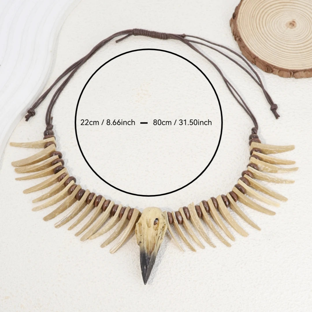 Vintage Viking Crow Skull Necklace – Gothic Resin Animal Pendant with Irregular Coconut Shell Teeth Jewelry