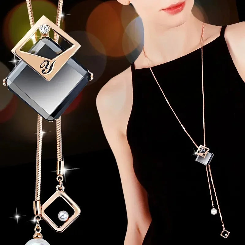 Opal Tulip Long Sweater Necklace – Elegant Floral Pendant Chain for Women Autumn Winter Fashion Accessories