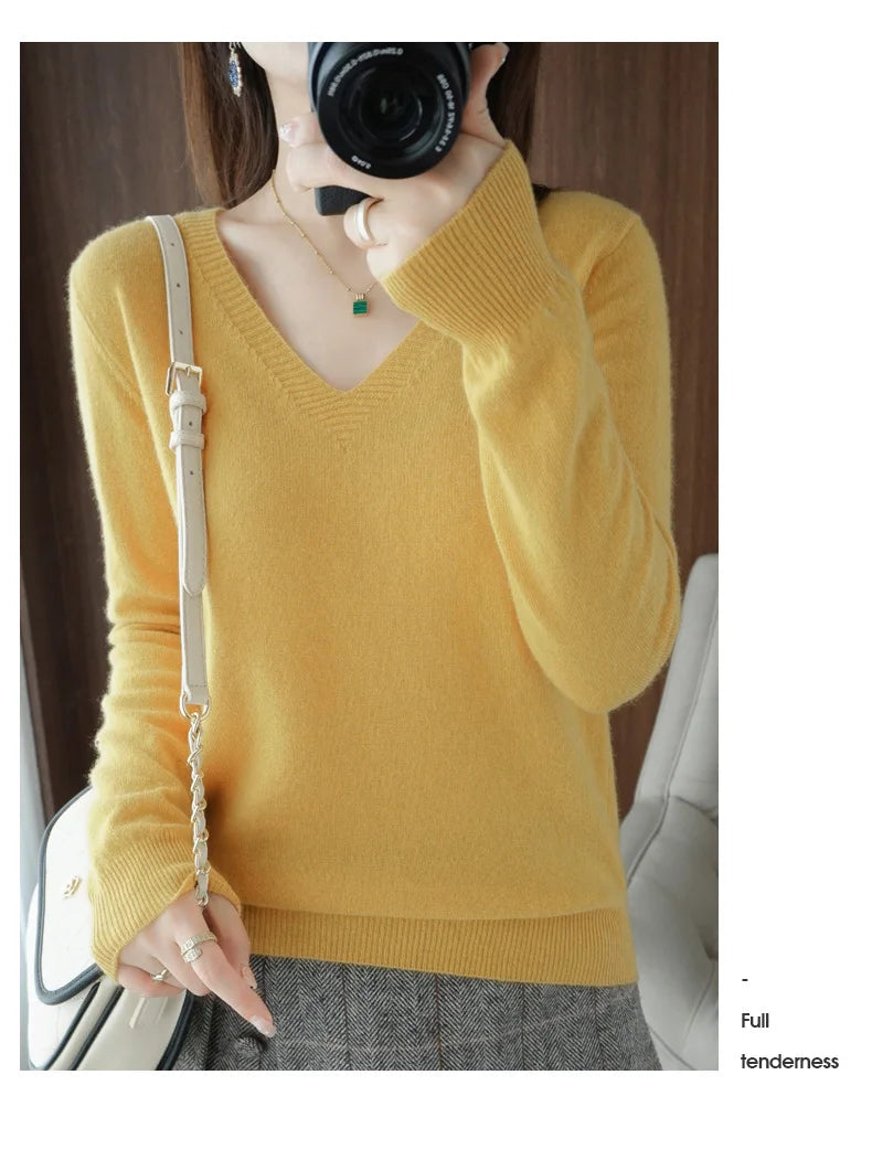 New Women’s Cashmere V-Neck Pullover – Lace Hollow Out Long Sleeve Knitted Sweater for Fall & Winter