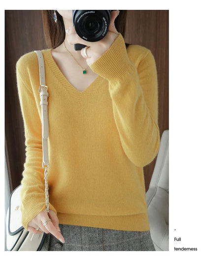 New Women’s Cashmere V-Neck Pullover – Lace Hollow Out Long Sleeve Knitted Sweater for Fall & Winter