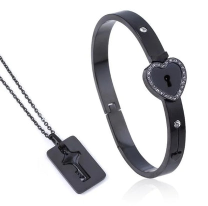 Couple Stainless Steel Love Lock Bracelet with Key Pendant Necklace – Romantic Jewelry Gift for Men and Women