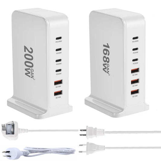 200W GaN Desktop Quick Charger - 168W PD, 6-Port USB Type C with USA, EU, AUS, UK Plug Adapters for Mobile Phones and Laptops