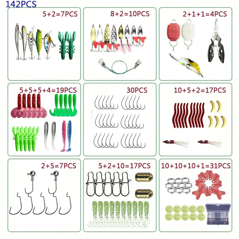 Fishing Lure Set 18–142pcs Mixed VIB Baits Kit – Soft Lures, Minnow, Popper & Hooks Freshwater Fishing Tackle Accessories Kit