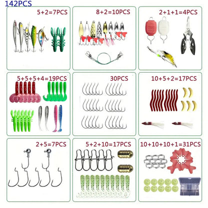 Fishing Lure Set 18–142pcs Mixed VIB Baits Kit – Soft Lures, Minnow, Popper & Hooks Freshwater Fishing Tackle Accessories Kit