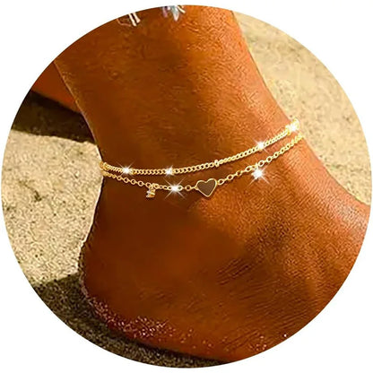 925 Silver Plated CZ Anklet Bracelet – Waterproof Heart Charm Dainty Layered Chain Anklet for Women & Girls Jewelry Gift