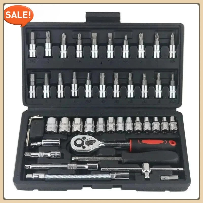 46-Piece Car Repair Tool Kit – 1/4 Inch Socket Set with Ratchet, Torque Wrench & Pry Tools for Auto Maintenance