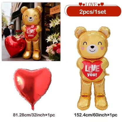 60in Standing Teddy Bear Balloon – Cute Love-Shaped Decoration for Romantic Valentine’s Day, Proposal, Wedding & Birthday Party